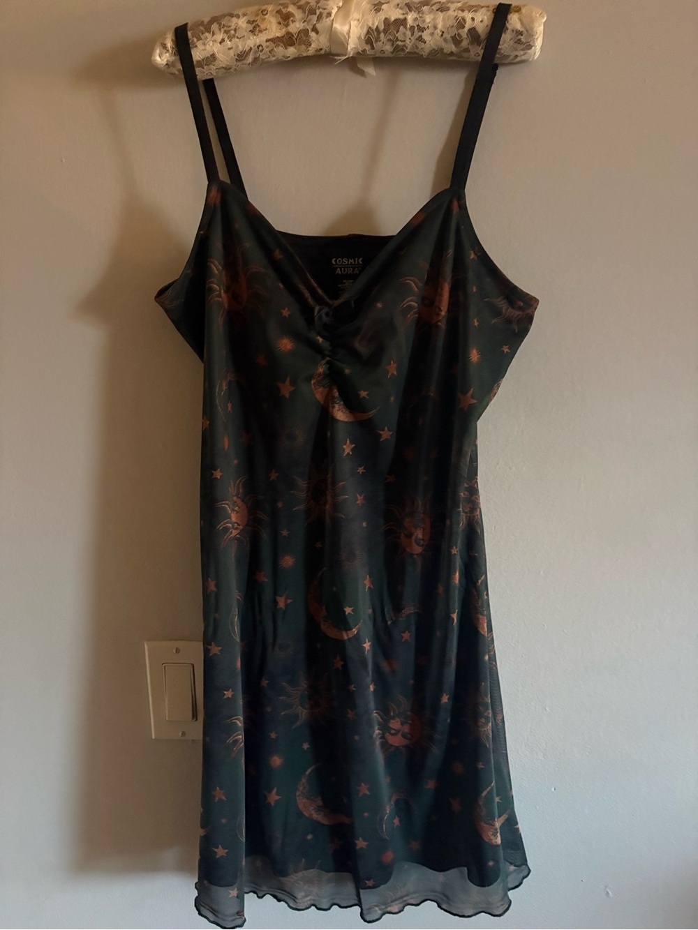 Cosmic Aura Black Midi Slip Dress with Celestial Print